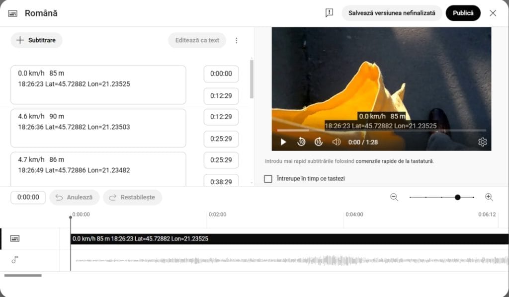 Fișier cu subtitrare încărcat în Youtube Studio