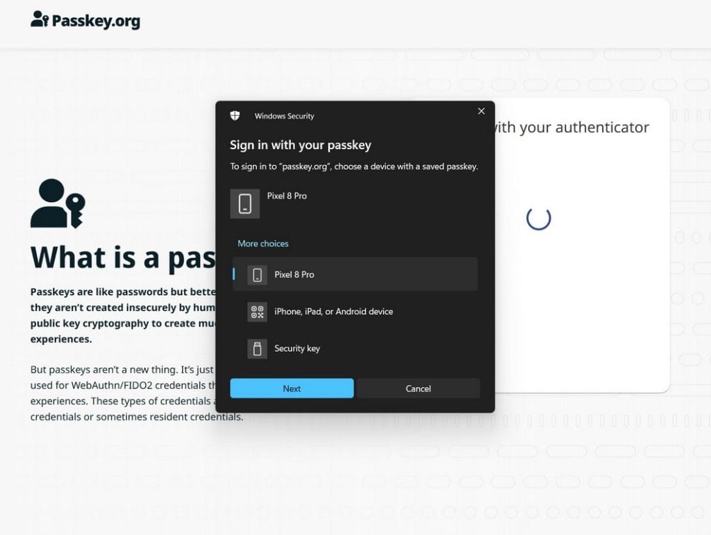 Autentificare pe passkey.org de pe PC