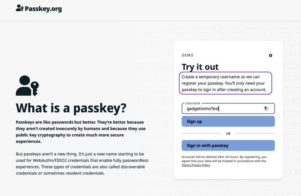 Alegere nume utilizator pentru Passkey