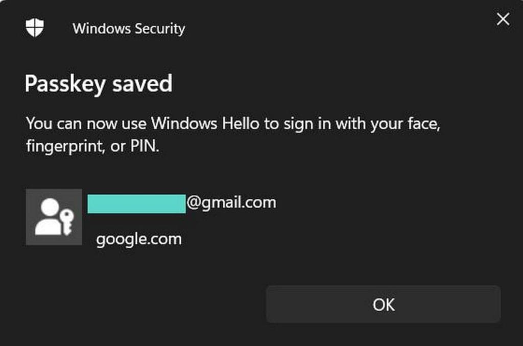 Passkey salvat în Windows 11