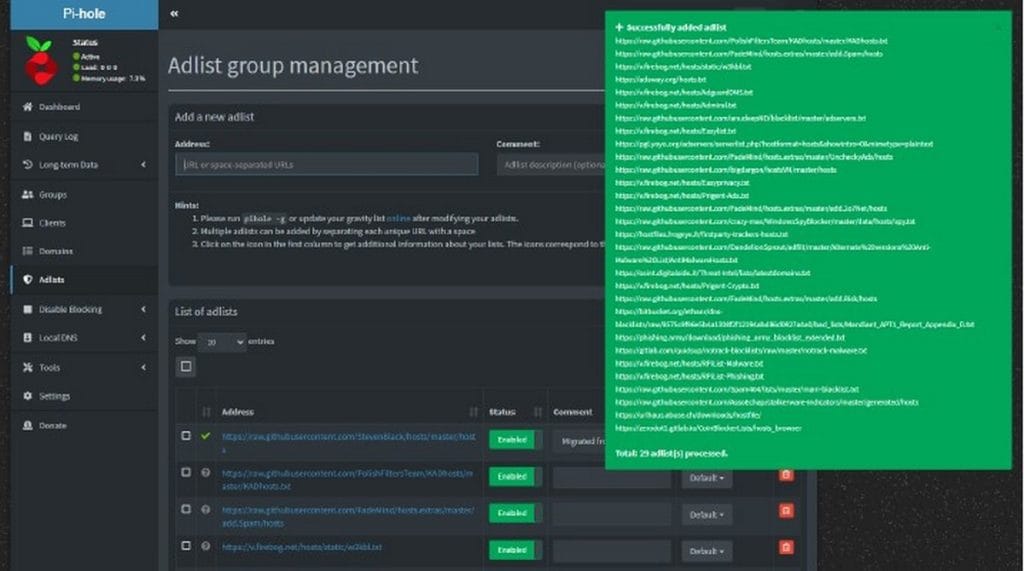 Pi-hole liste suplimentare adăugate