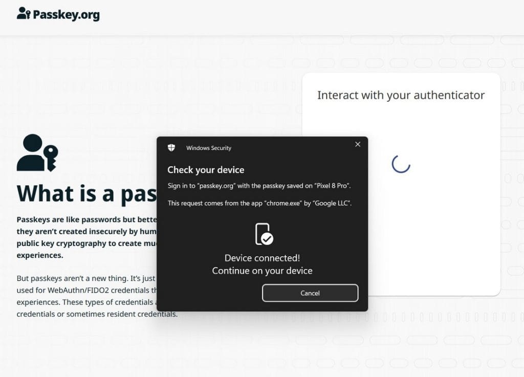 Se solicită utilizarea Passkey-ului salvat pe telefon