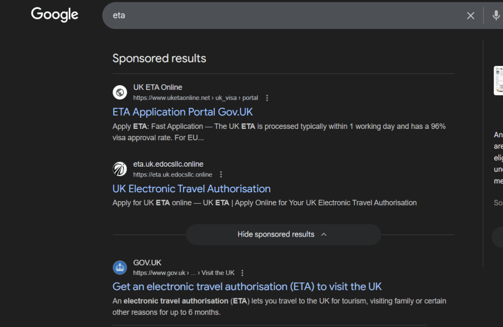 Google ADs ETA scam