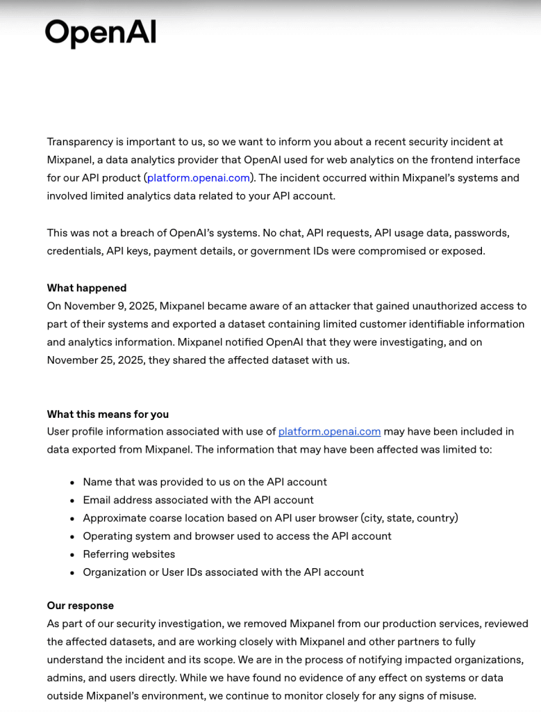 OpenAi Security Incident Email