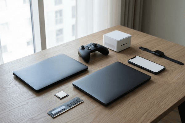 Devices on a table in front of a window